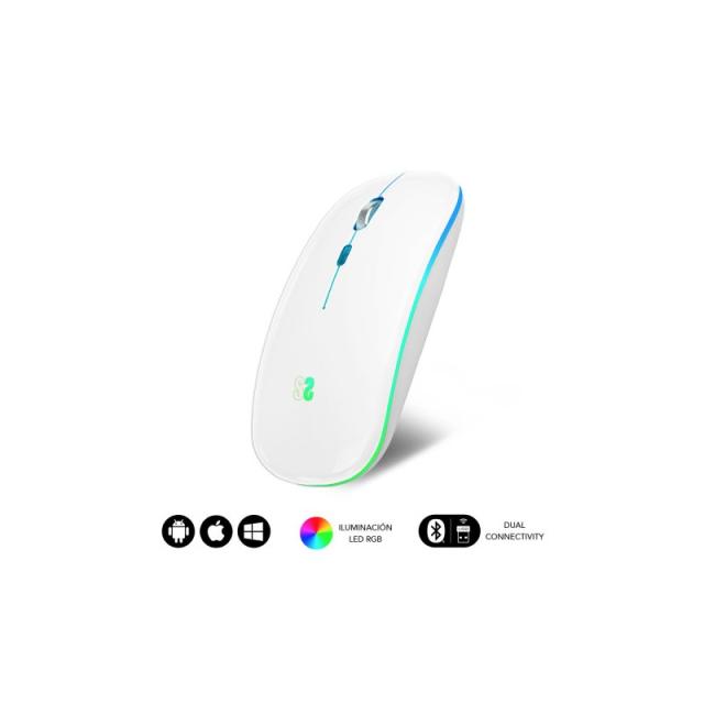 SUBBLIM - Ratón Inalámbrico Bluetooth + RF RGB LED Dual Flat Mouse White