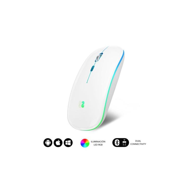 SUBBLIM - Ratón Inalámbrico Bluetooth + RF RGB LED Dual Flat Mouse White