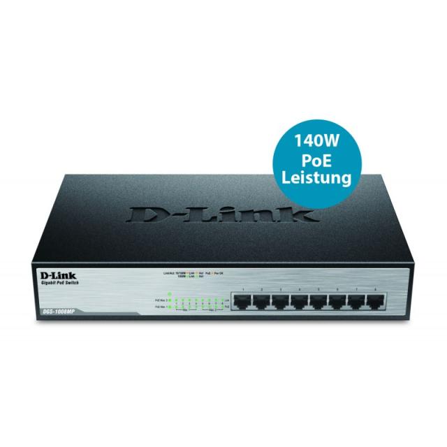 D-Link - DGS-1008MP switch No administrado Gigabit Ethernet (10/100/1000) Energía sobre Ethernet (PoE) 1U Negro