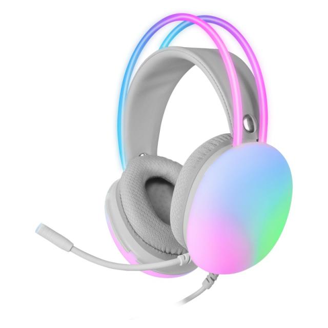 Mars Gaming - MH-GLOW Blanco, Auriculares 360° Full Chroma RGB Flow, Micrófono Cancelación de Ruido, Diseño Ultra-ligero, Almoha