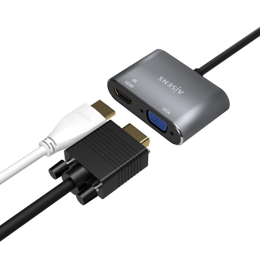 AISENS - Conversor USB-C a VGA/HDMI 4K, USB-C/M-VGA/H-HDMI/H, Gris, 15CM