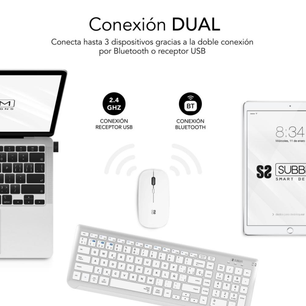 SUBBLIM - Teclado con Ratón Bluetooth + 2.4G Combo Dual Prestige Extendido Plata/Blanco