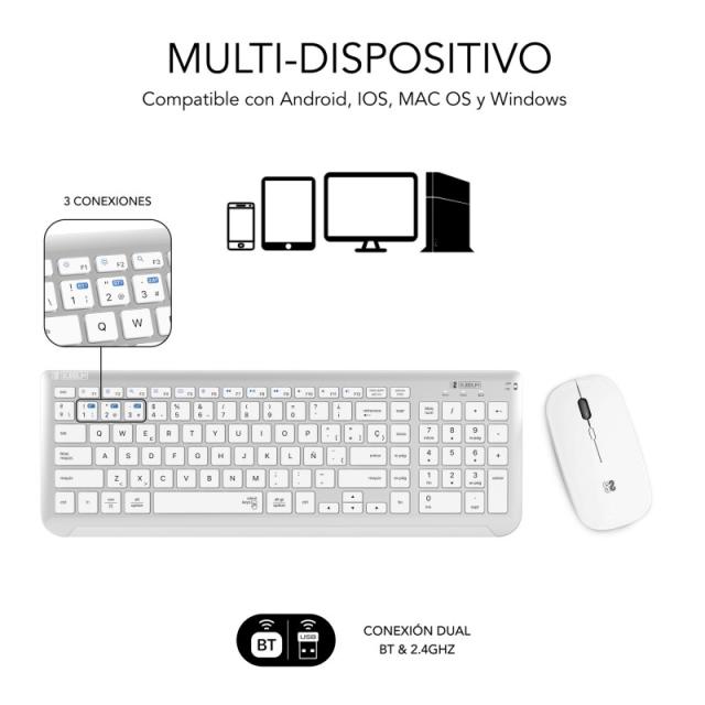 SUBBLIM - Teclado con Ratón Bluetooth + 2.4G Combo Dual Prestige Extendido Plata/Blanco