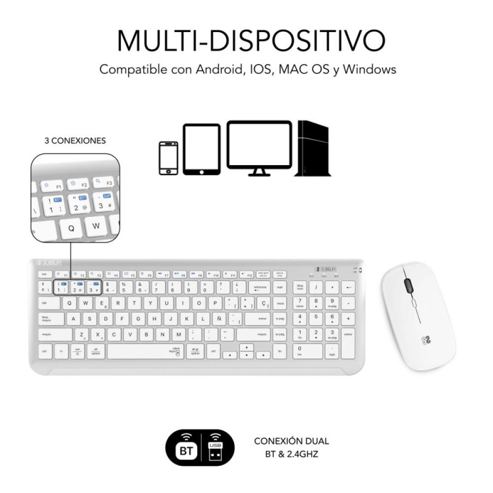 SUBBLIM - Teclado con Ratón Bluetooth + 2.4G Combo Dual Prestige Extendido Plata/Blanco