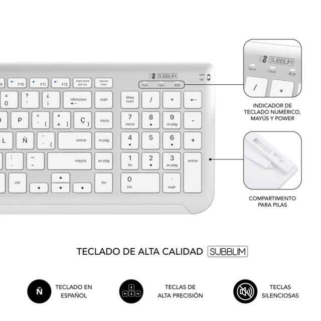 SUBBLIM - Teclado con Ratón Bluetooth + 2.4G Combo Dual Prestige Extendido Plata/Blanco
