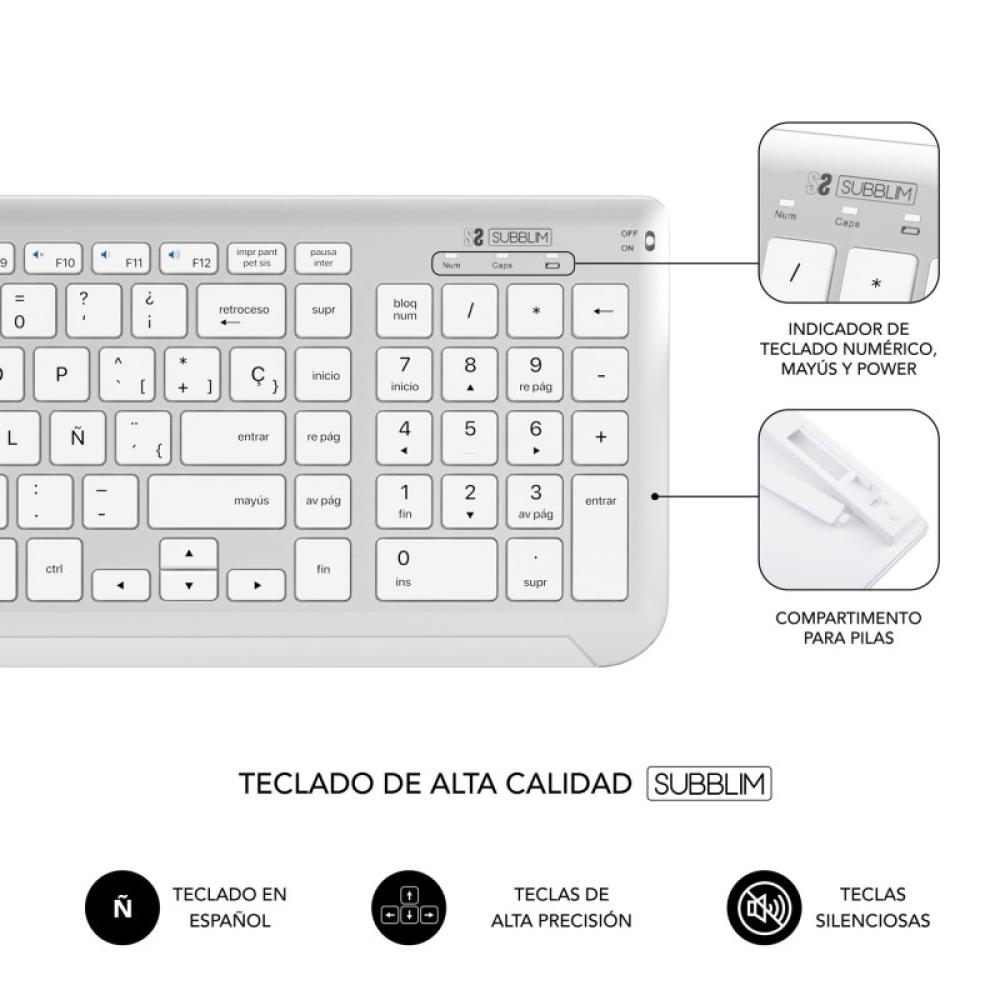 SUBBLIM - Teclado con Ratón Bluetooth + 2.4G Combo Dual Prestige Extendido Plata/Blanco