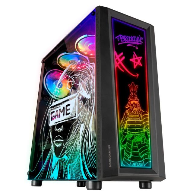 Mars Gaming - MC-ART Negro, Caja PC Gaming ATX, Doble Cristal Templado Dibujable, ARGB 12 Modos, Ventilador 12cm