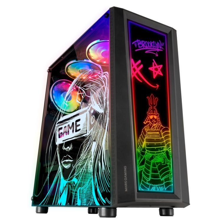 Mars Gaming - MC-ART Negro, Caja PC Gaming ATX, Doble Cristal Templado Dibujable, ARGB 12 Modos, Ventilador 12cm