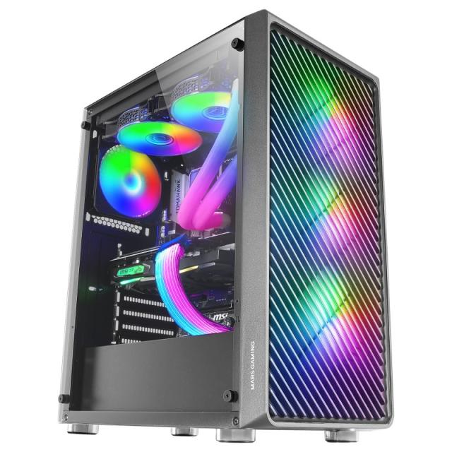 Mars Gaming - MC-F, Semitorre Gaming ATX, Ventana Completa Cristal Templado, Frontal Metal-Mesh, 4X Ventiladores ARGB 120mm, Neg