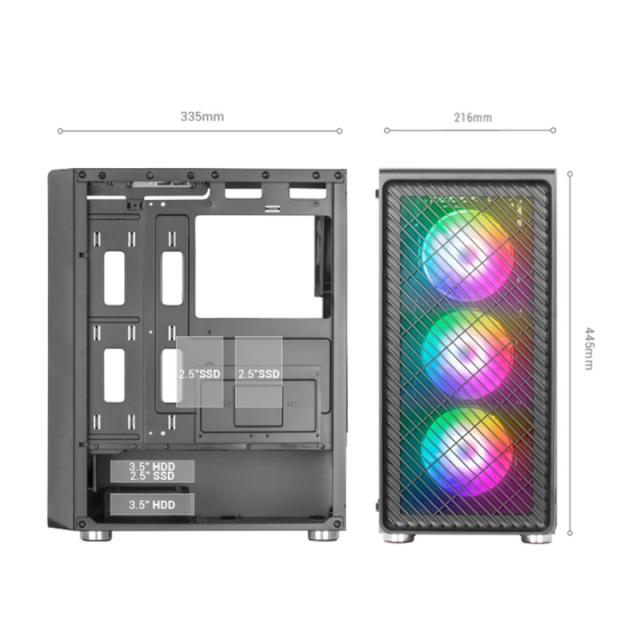Mars Gaming - MC-F, Semitorre Gaming ATX, Ventana Completa Cristal Templado, Frontal Metal-Mesh, 4X Ventiladores ARGB 120mm, Neg