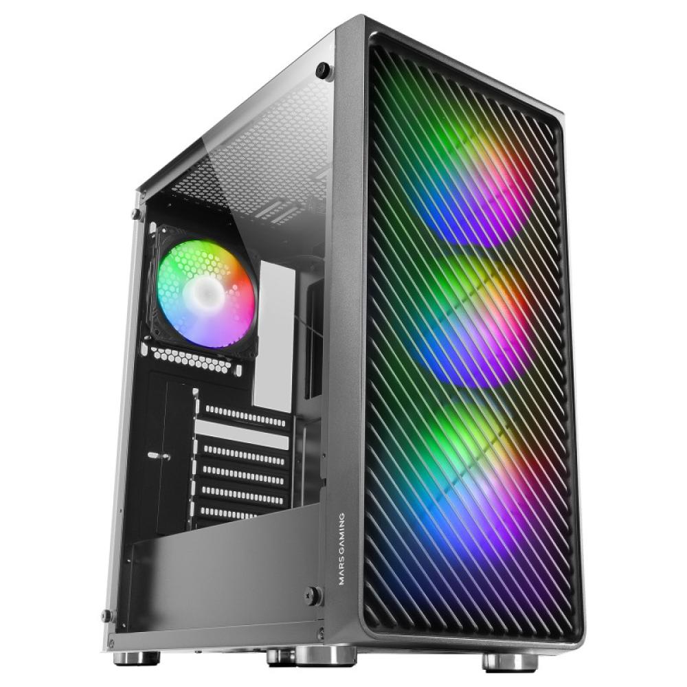 Mars Gaming - MC-F, Semitorre Gaming ATX, Ventana Completa Cristal Templado, Frontal Metal-Mesh, 4X Ventiladores ARGB 120mm, Neg