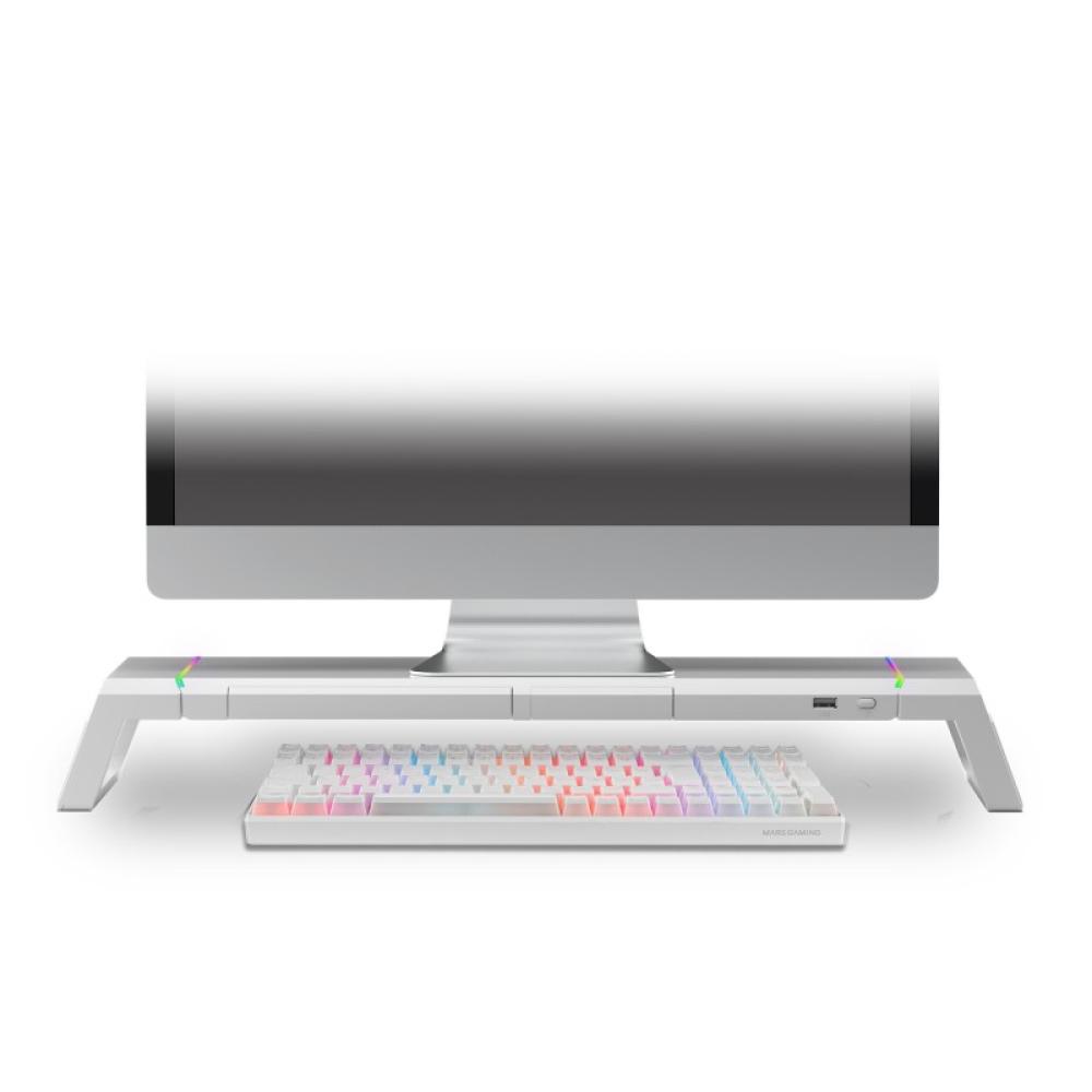 Mars Gaming - MGS-ONE Blanco, Soporte Monitor RGB Chroma, Tamaño Ajustable, Soporte Smartphone y Tablet, USB 2.0 Frontal