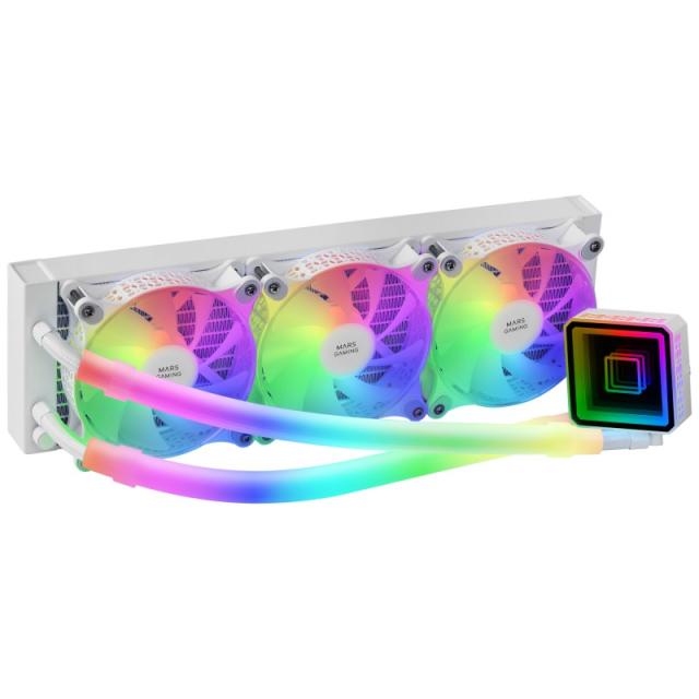 Mars Gaming - ML-ULTRA360 Blanco, Refrigeración Líquida CPU, TDP 650W, Espejo Infinito, 3 Ventiladores Silenciosos FDB ARGB, Tub