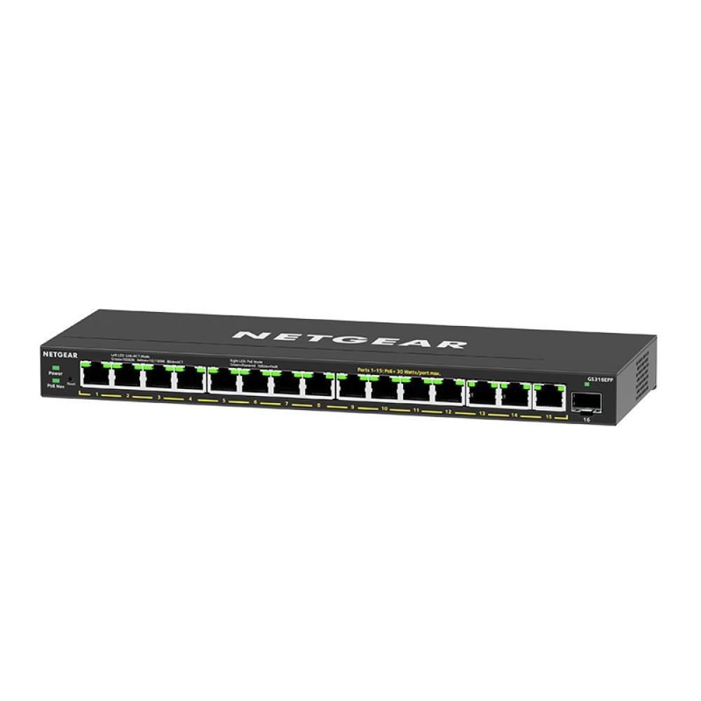 NETGEAR - 16-Port High-Power PoE+ Gigabit Ethernet Plus Switch (231W) with 1 SFP port (GS316EPP) Gestionado Gigabit Ethernet (10