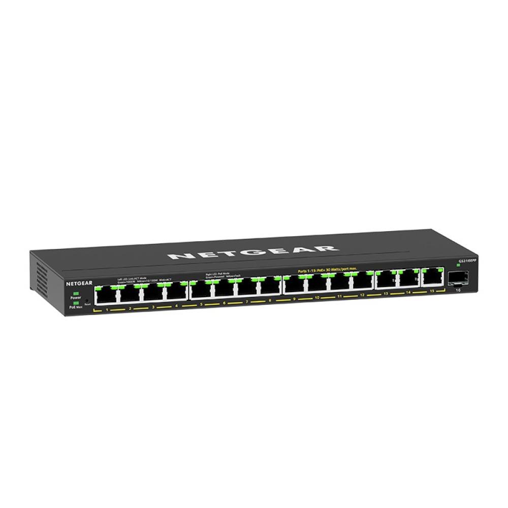 NETGEAR - 16-Port High-Power PoE+ Gigabit Ethernet Plus Switch (231W) with 1 SFP port (GS316EPP) Gestionado Gigabit Ethernet (10