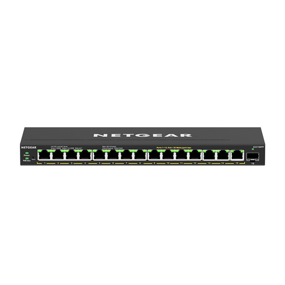 NETGEAR - 16-Port High-Power PoE+ Gigabit Ethernet Plus Switch (231W) with 1 SFP port (GS316EPP) Gestionado Gigabit Ethernet (10