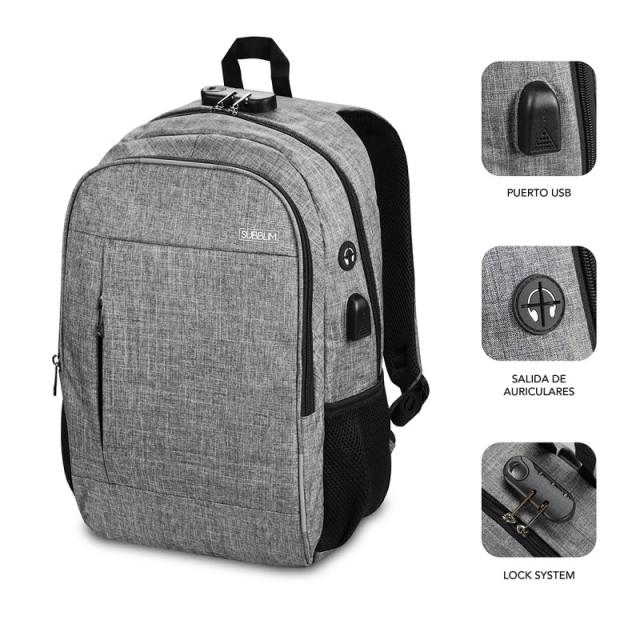 SUBBLIM - Mochila para Portátil Urban Lock Backpack 16" Grey