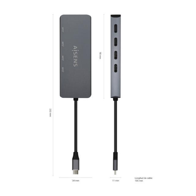 AISENS - Hub USB3.2 Gen1 5G USB-C, USB-C/M-4xUSB-C/H, Gris, 15cm