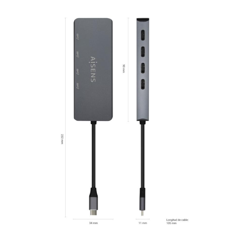 AISENS - Hub USB3.2 Gen1 5G USB-C, USB-C/M-4xUSB-C/H, Gris, 15cm