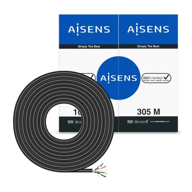 AISENS - Cable de Red Exterior Impermeable RJ45 Cat.6 FTP Rigido AWG24, Negro, 305M