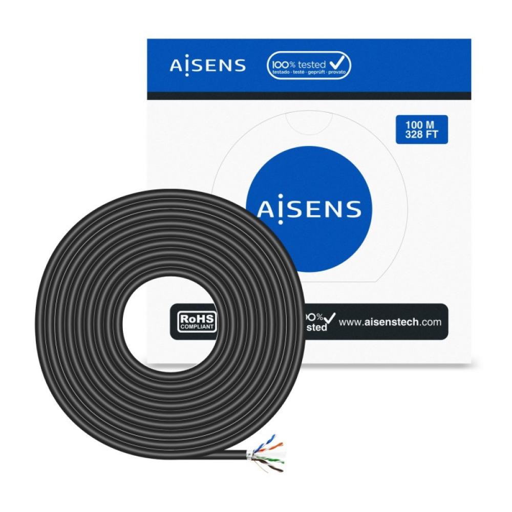 AISENS - Cable de Red Exterior Impermeable RJ45 Cat.6 FTP Rigido AWG24, Negro, 100M