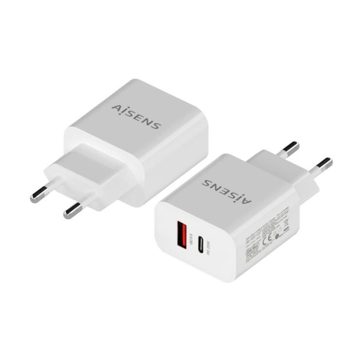 AISENS - Cargador 20W, 1xUSB-C PD3.0, 1xUSB-A QC3.0, Blanco - A110-0681