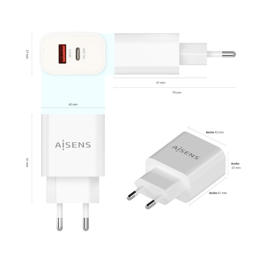 AISENS - Cargador 20W, 1xUSB-C PD3.0, 1xUSB-A QC3.0, Blanco - A110-0681