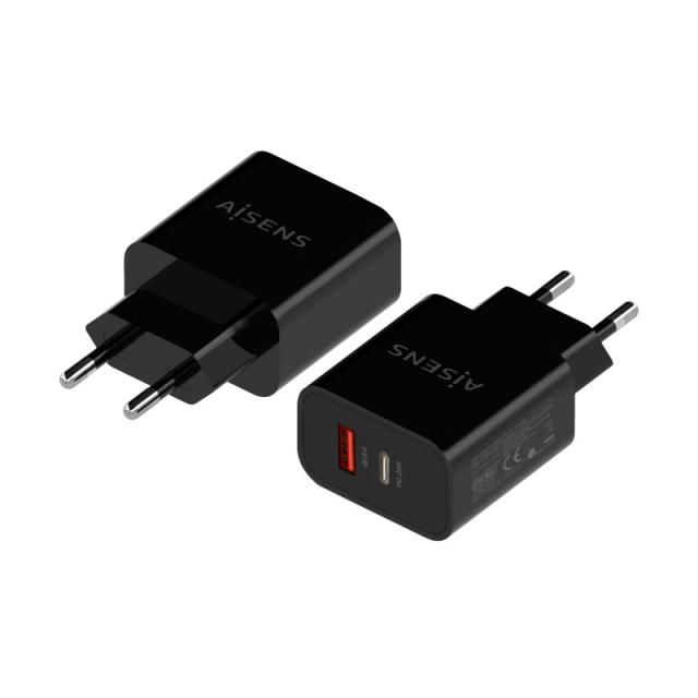 AISENS - Cargador 20W, 1xUSB-C PD3.0, 1xUSB-A QC3.0, Negro