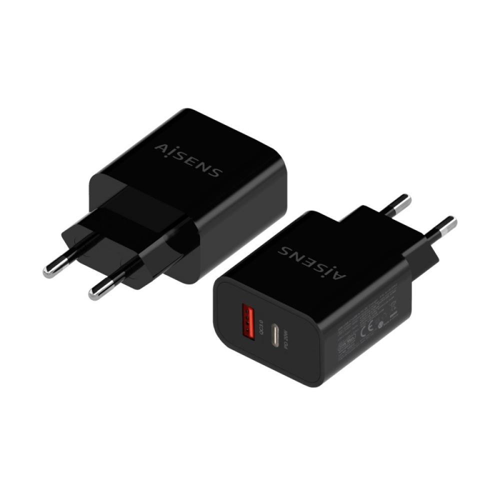AISENS - Cargador 20W, 1xUSB-C PD3.0, 1xUSB-A QC3.0, Negro