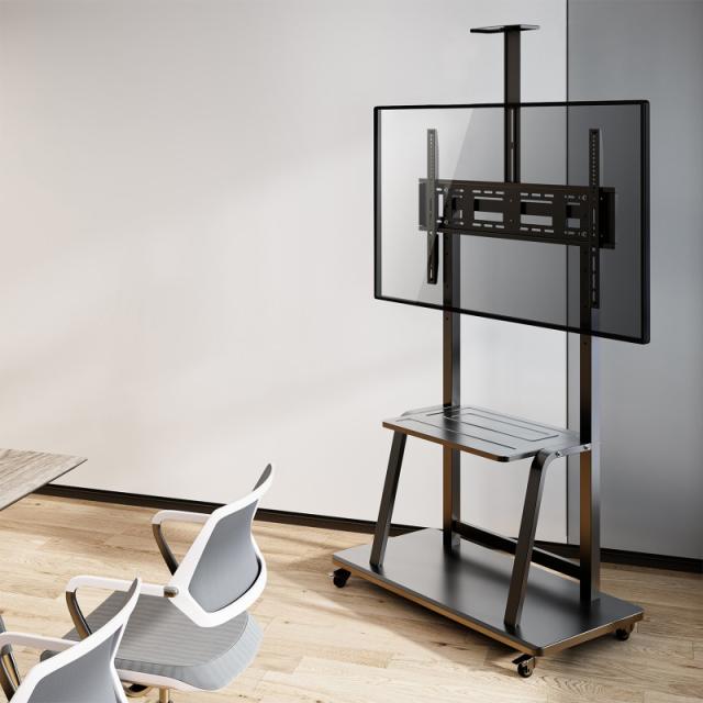 AISENS - Soporte de Suelo ECO con Rueda, Bandeja para DVD y Soporte de Cámara para Monitor/TV 150Kg de 37-100, Negro