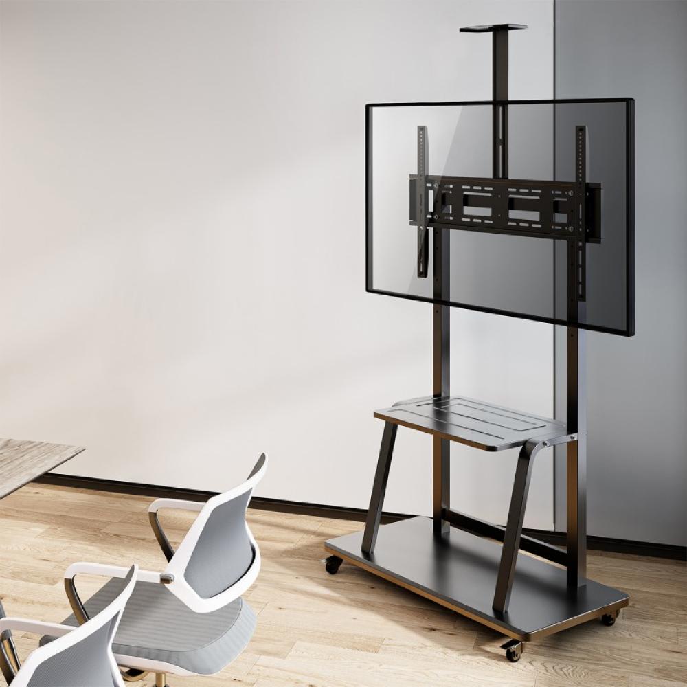 AISENS - Soporte de Suelo ECO con Rueda, Bandeja para DVD y Soporte de Cámara para Monitor/TV 150Kg de 37-100, Negro