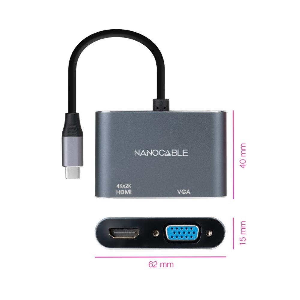 Nanocable - Conversor USB-C a HDMI/VGA 15 cm, Gris