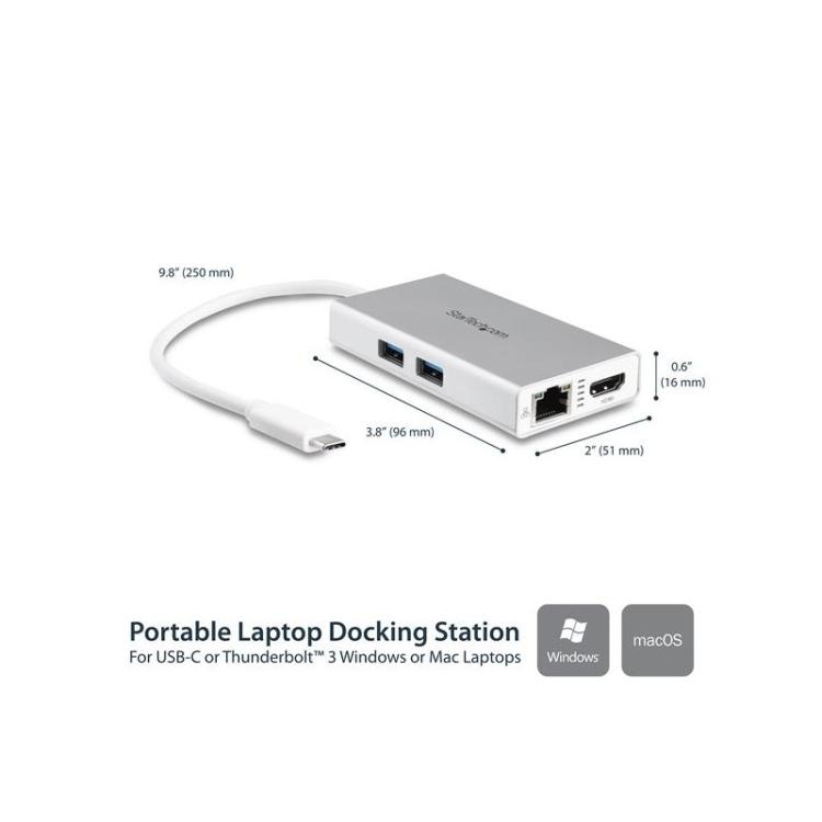 StarTech.com - Adaptador Multipuertos USB-C - Docking Station Portátil USB-C 4K HDMI - Entrega de Potencia 60W - GbE - Hub 2x US