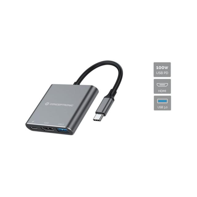 Conceptronic - DONN18G base para portátil y replicador de puertos Alámbrico USB 3.2 Gen 1 (3.1 Gen 1) Type-C Gris
