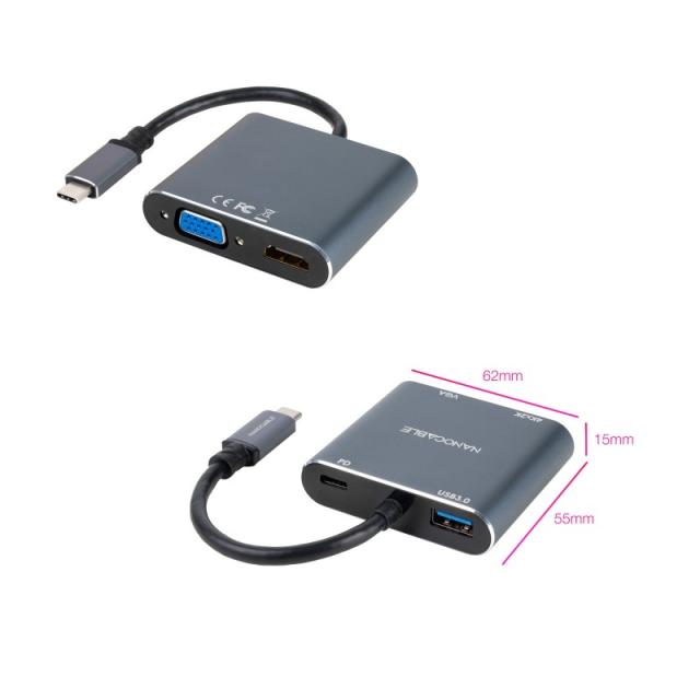 Nanocable - Conversor USB-C a HDMI/VGA/USB3.0/PD 15 cm, Gris