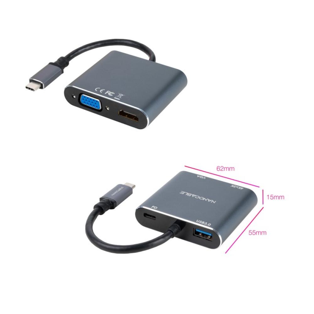Nanocable - Conversor USB-C a HDMI/VGA/USB3.0/PD 15 cm, Gris