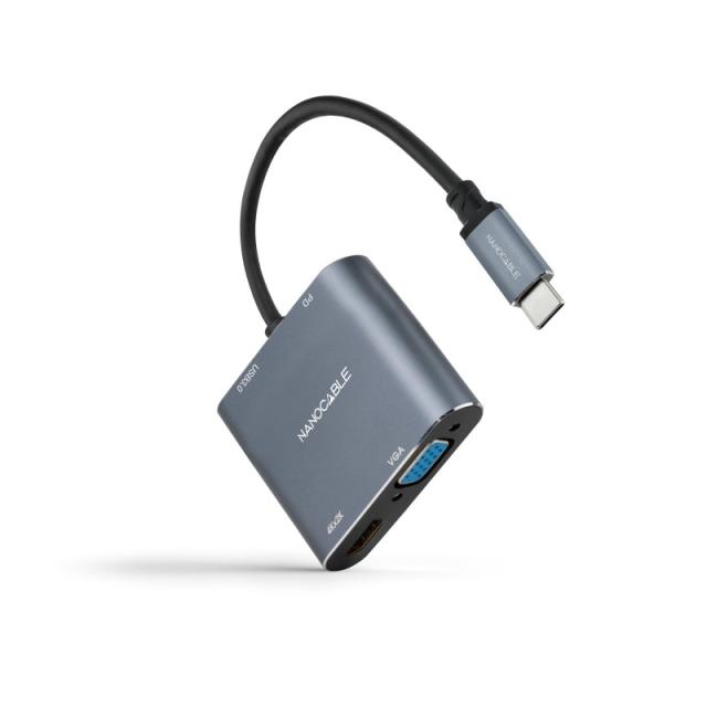 Nanocable - Conversor USB-C a HDMI/VGA/USB3.0/PD 15 cm, Gris