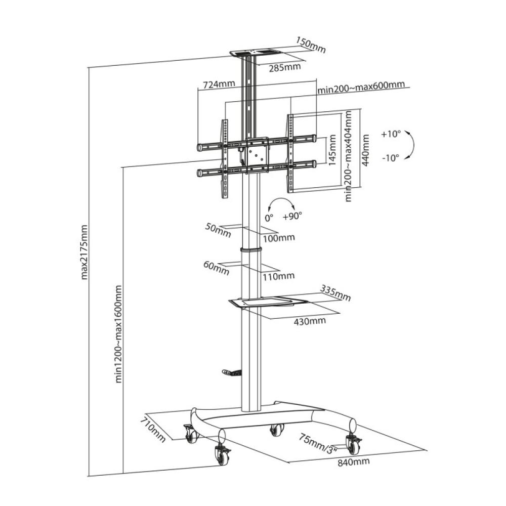 AISENS - Soporte de Suelo ECO con Ruedas y Manivela, Bandeja para DVD y Soporte de Cámara para Monitor/TV 50Kg de 37-70, Negro