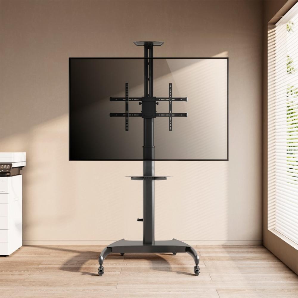 AISENS - Soporte de Suelo ECO con Ruedas y Manivela, Bandeja para DVD y Soporte de Cámara para Monitor/TV 50Kg de 37-70, Negro