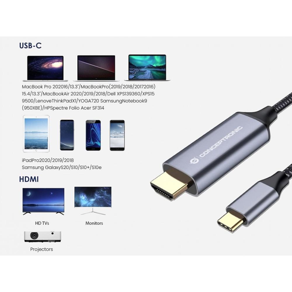 Conceptronic - ABBY10G adaptador de cable de vídeo 2 m USB Tipo C HDMI Gris