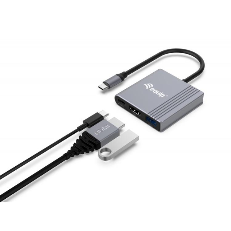 Equip - Adaptador 3 en 1 USB-C a HDMI / USB-A / USB PD, 4K/60Hz, 100W USB PD