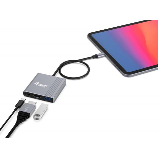 Equip - Adaptador 3 en 1 USB-C a HDMI / USB-A / USB PD, 4K/60Hz, 100W USB PD