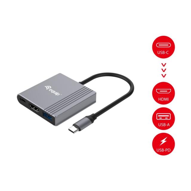 Equip - Adaptador 3 en 1 USB-C a HDMI / USB-A / USB PD, 4K/60Hz, 100W USB PD