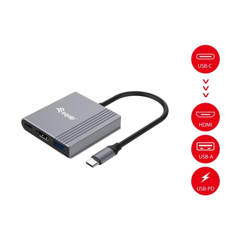 Equip - Adaptador 3 en 1 USB-C a HDMI / USB-A / USB PD, 4K/60Hz, 100W USB PD