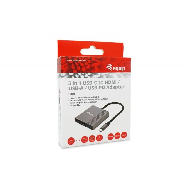 Equip - Adaptador 3 en 1 USB-C a HDMI / USB-A / USB PD, 4K/60Hz, 100W USB PD