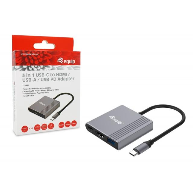 Equip - Adaptador 3 en 1 USB-C a HDMI / USB-A / USB PD, 4K/60Hz, 100W USB PD
