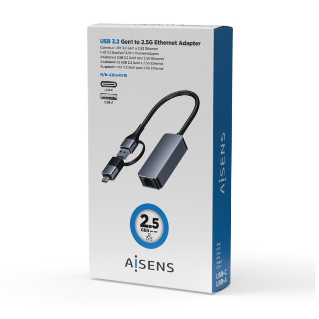 AISENS - Conversor USB3.2 Gen1 USB-A+USB-C a Ethernet 2.5G 10/100/1000/2500 Mbps, Gris, 15cm