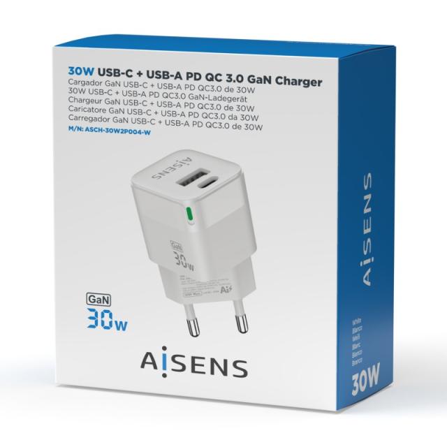 AISENS - Cargador Gan 30W, 1xUSB-C PD3.0 QC4.0, 1xUSB-A QC3.0, Blanco - ASCH-30W2P004-W