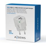 AISENS - Cargador Gan 30W, 1xUSB-C PD3.0 QC4.0, 1xUSB-A QC3.0, Blanco - ASCH-30W2P004-W
