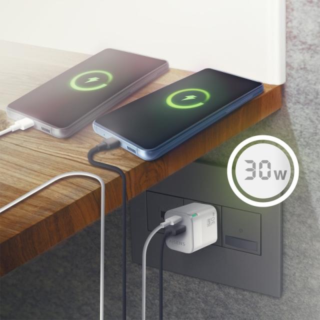 AISENS - Cargador Gan 30W, 1xUSB-C PD3.0 QC4.0, 1xUSB-A QC3.0, Blanco - ASCH-30W2P004-W